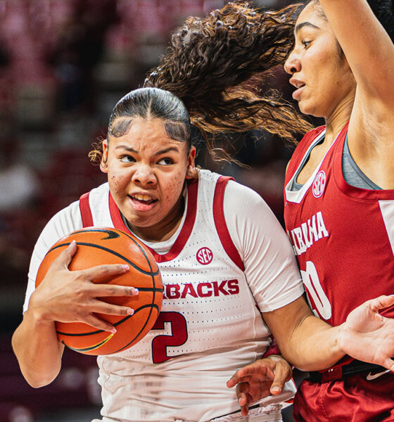 Razorbacks Kiki Smith drives against Alabama