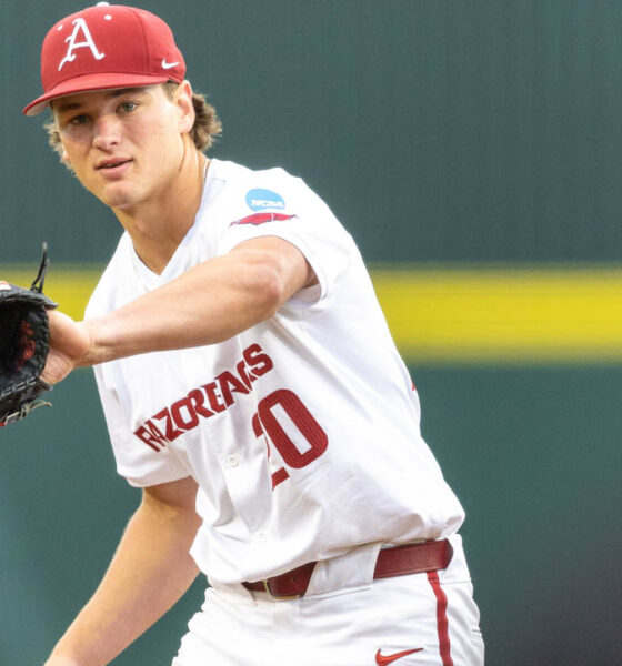 Razorbacks pitcher Gabe Gaeckle takes a throw back from the catcher in a game against Southeastern Missouri