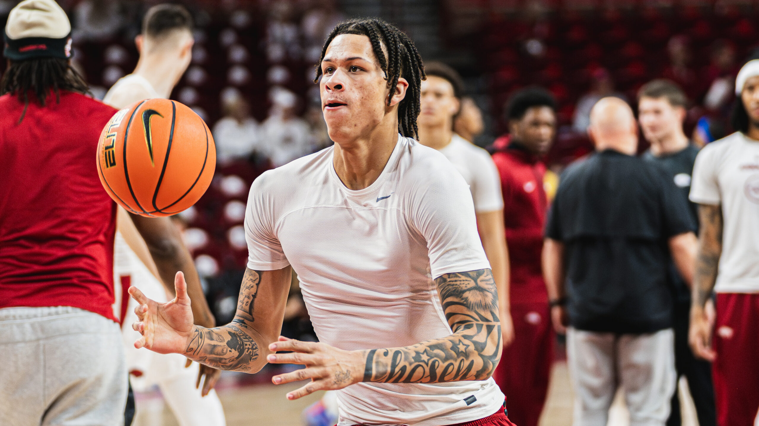 Razorbacks forward Trevon Brazile warming up before game with Florida