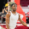 Razorbacks forward Adou Thiero on the court warming up before game with Ole Miss