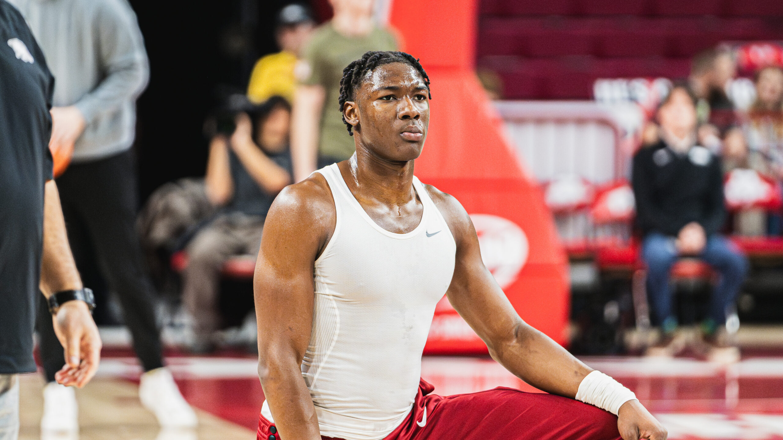 Razorbacks forward Adou Thiero on the court warming up before game with Ole Miss