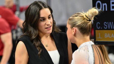 Razorbacks gymnastics coach Jordyn Weiber during meet against Missouri