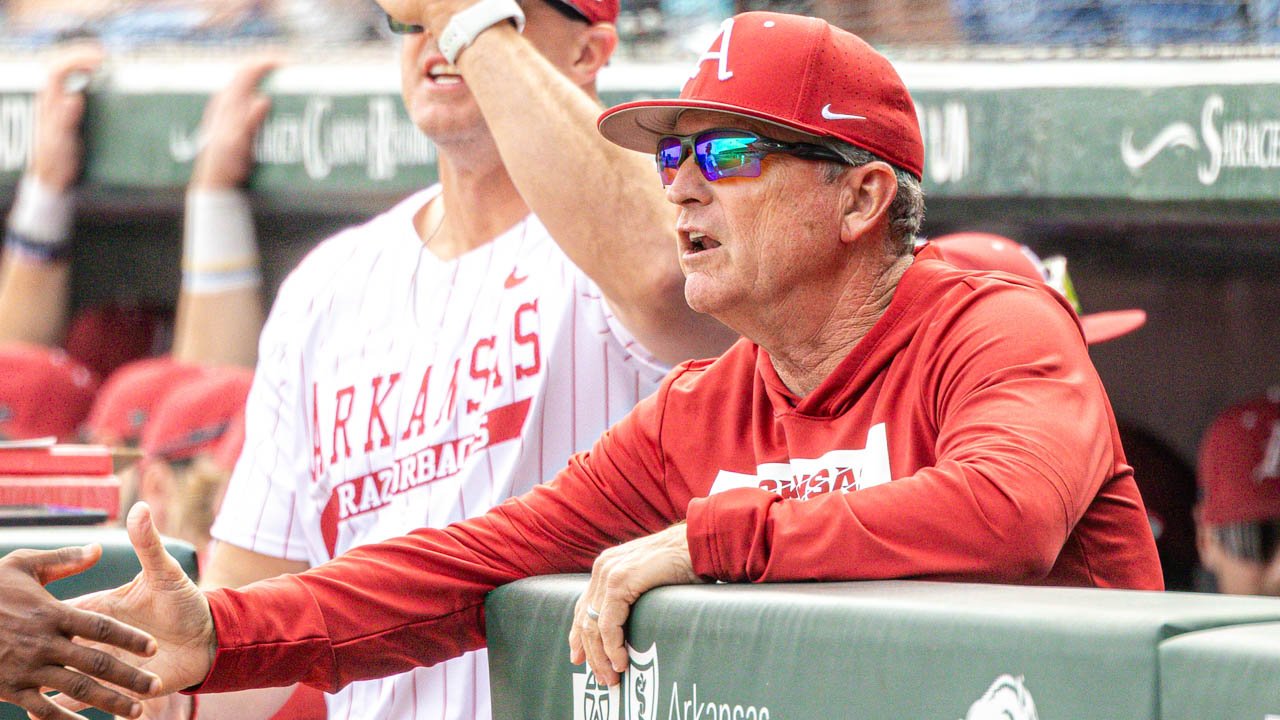 Razorbacks coach Dave Van Horn in the dugout during a game against South Carolina