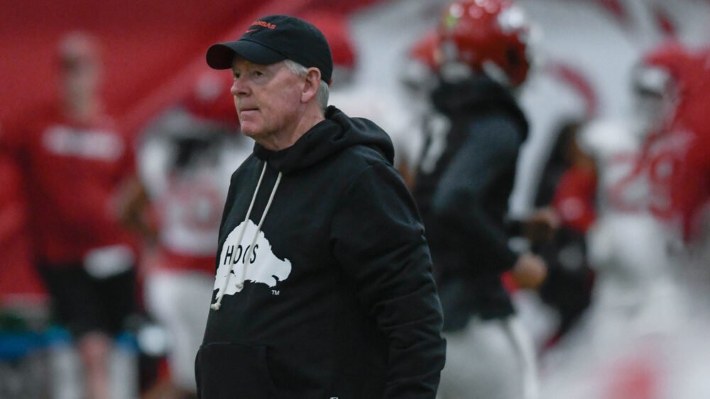 Razorbacks offensive coordinator Bobby Petrino during spring practice drills