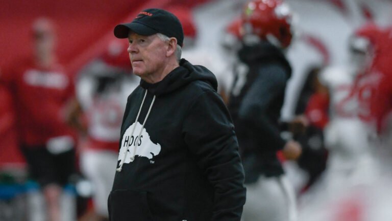 Razorbacks offensive coordinator Bobby Petrino during spring practice drills