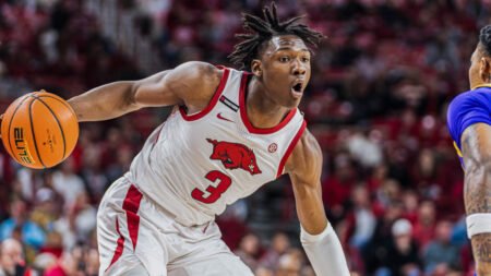 Razorbacks forward Adou Thiero in a game against LSU