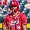 Razorbacks shortstop Wehiwa Aloy on first base in a game against Grambling