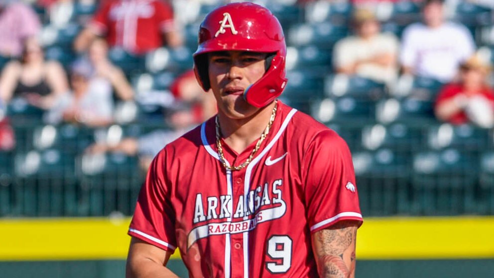 Razorbacks shortstop Wehiwa Aloy on first base in a game against Grambling