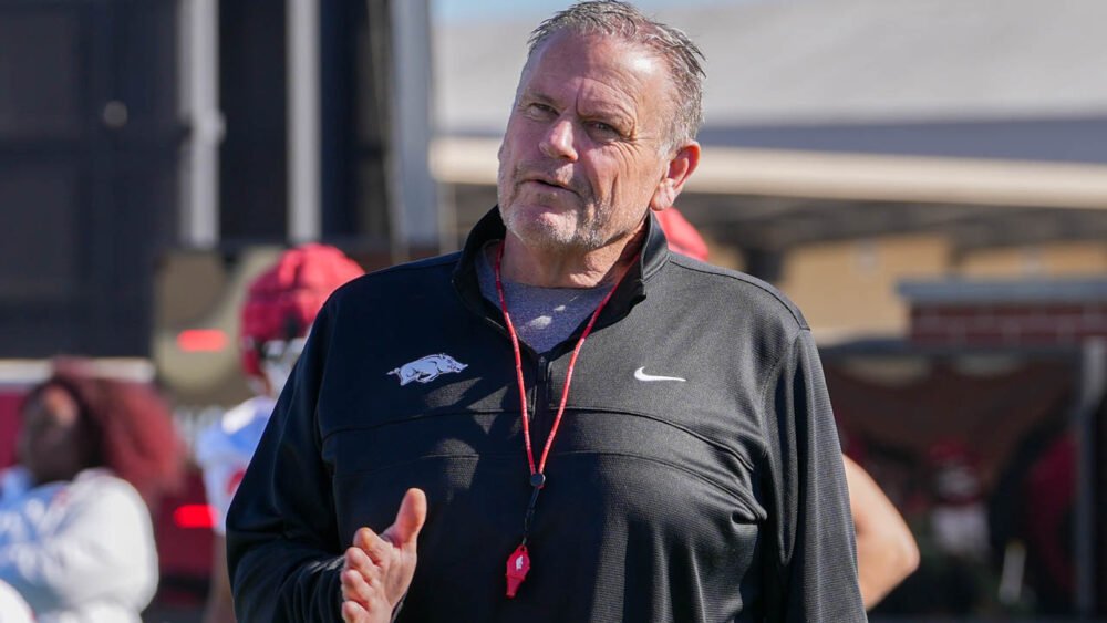 Razorbacks coach Sam Pittman during a spring practice on the outdoor fields