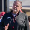 Razorbacks coach Sam Pittman during a spring practice on the outdoor fields