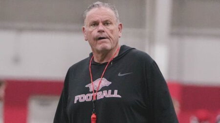 Razorbacks coach Sam Pittman during a spring practice on the outdoor fields