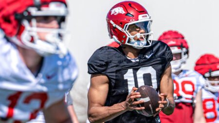 Razorbacks quarterback Taylen Green during a spring practice at Razorback Stadium