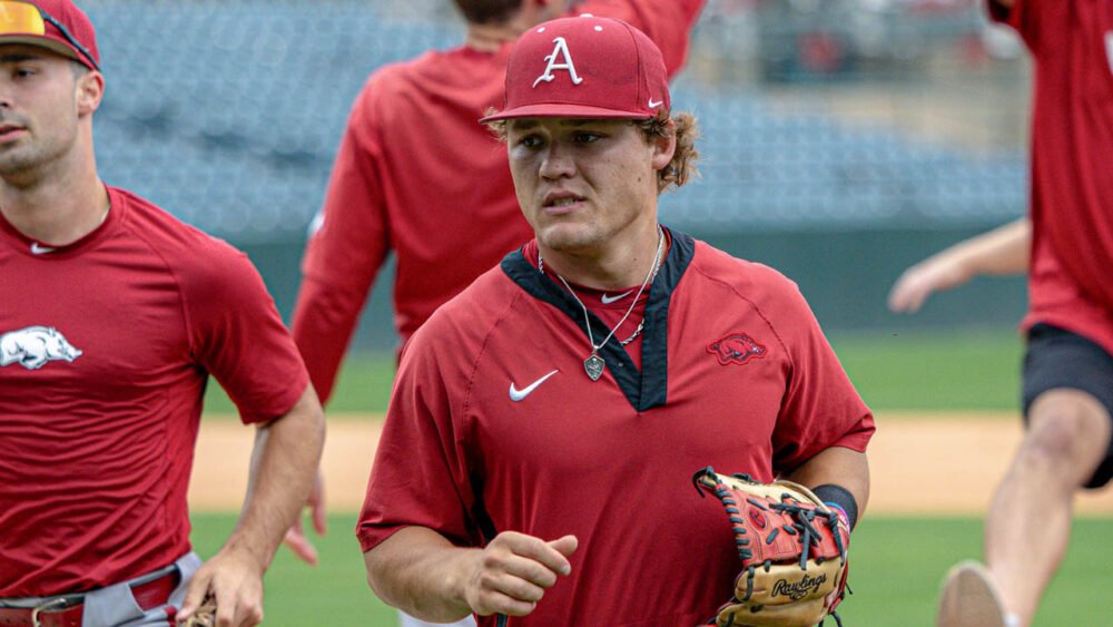Razorbacks infielder Cam Kozeal at practice before NCAA Regional