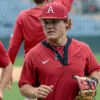 Razorbacks infielder Cam Kozeal at practice before NCAA Regional