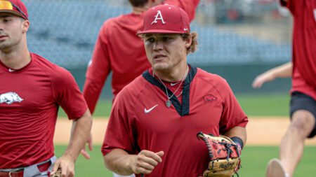 Razorbacks infielder Cam Kozeal at practice before NCAA Regional