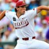 Razorbacks reliever Gabe Gaeckle delivers a pitch against LSU