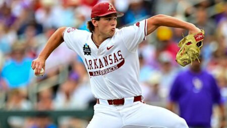 Razorbacks reliever Gabe Gaeckle delivers a pitch against LSU