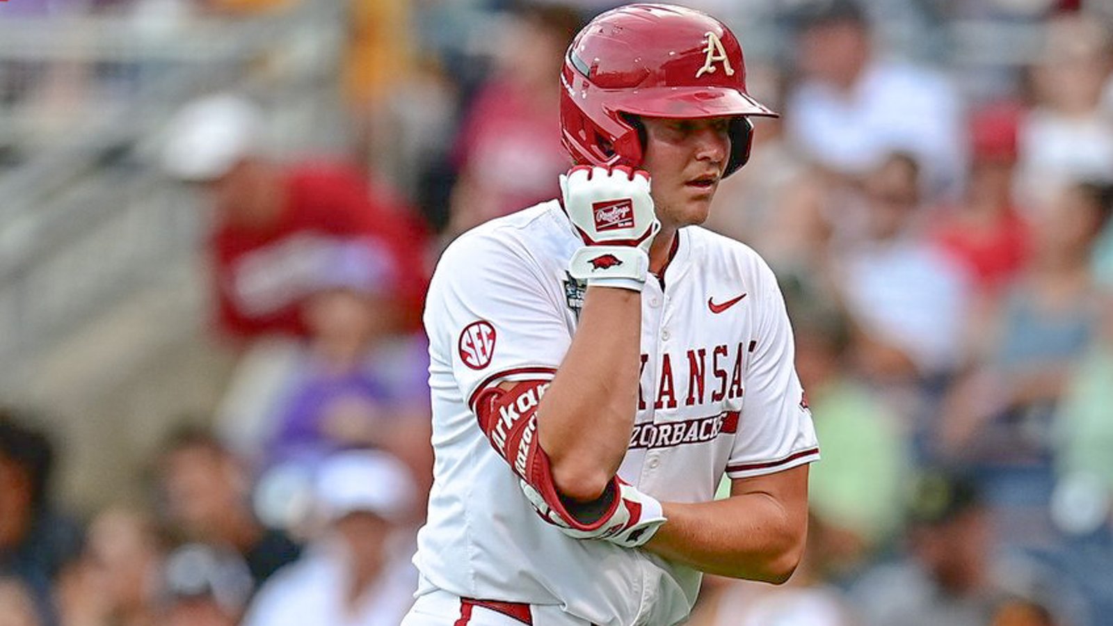 Razorbacks first baseman Reese Robinett trots home after a homer against LSU