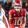 Arkansas Razorbacks quarterback Taylen Green looking over the Louisiana Tech defense before a play last year