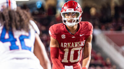 Arkansas Razorbacks quarterback Taylen Green looking over the Louisiana Tech defense before a play last year