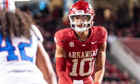 Arkansas Razorbacks quarterback Taylen Green looking over the Louisiana Tech defense before a play last year