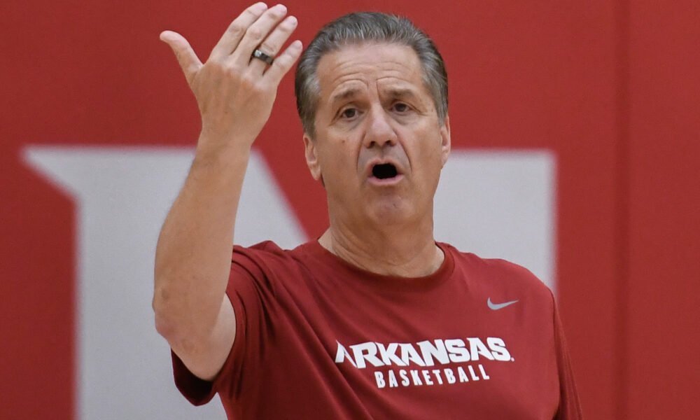 Arkansas Razorbacks coach John Calipari directing a practice at the Eddie Sutton Practice Court