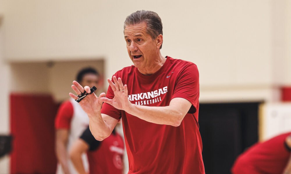Arkansas Razorbacks coach John Calipari directing a practice at the Eddie Sutton Practice Court