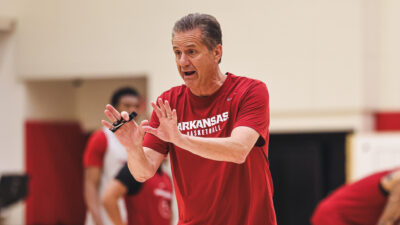 Arkansas Razorbacks coach John Calipari directing a practice at the Eddie Sutton Practice Court