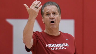 Arkansas Razorbacks coach John Calipari directing a practice at the Eddie Sutton Practice Court