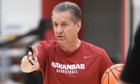 Arkansas Razorbacks coach John Calipari directing a practice at the Eddie Sutton Practice Court