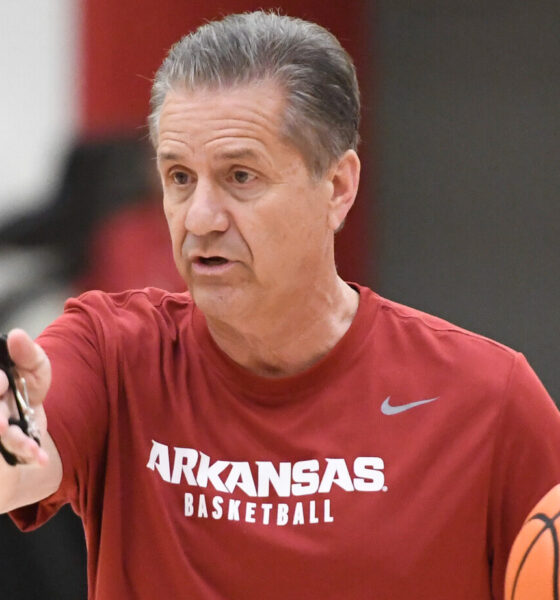 Arkansas Razorbacks coach John Calipari directing a practice at the Eddie Sutton Practice Court