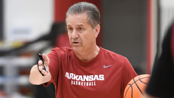 Arkansas Razorbacks coach John Calipari directing a practice at the Eddie Sutton Practice Court