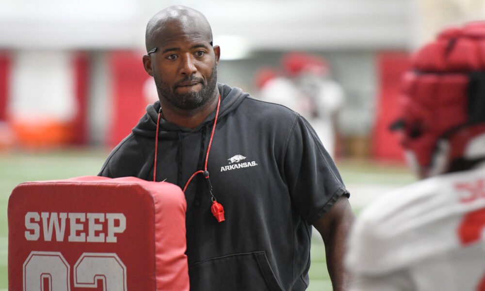 Arkansas Razorbacks running backs coach Kolby Smith during fall camp practices