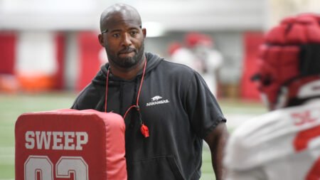 Arkansas Razorbacks running backs coach Kolby Smith during fall camp practices
