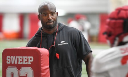 Arkansas Razorbacks running backs coach Kolby Smith during fall camp practices