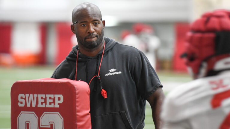 Arkansas Razorbacks running backs coach Kolby Smith during fall camp practices