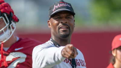 Arkansas Razorbacks defensive coordinator and linebackers coach Travis Williams at fall camp practice