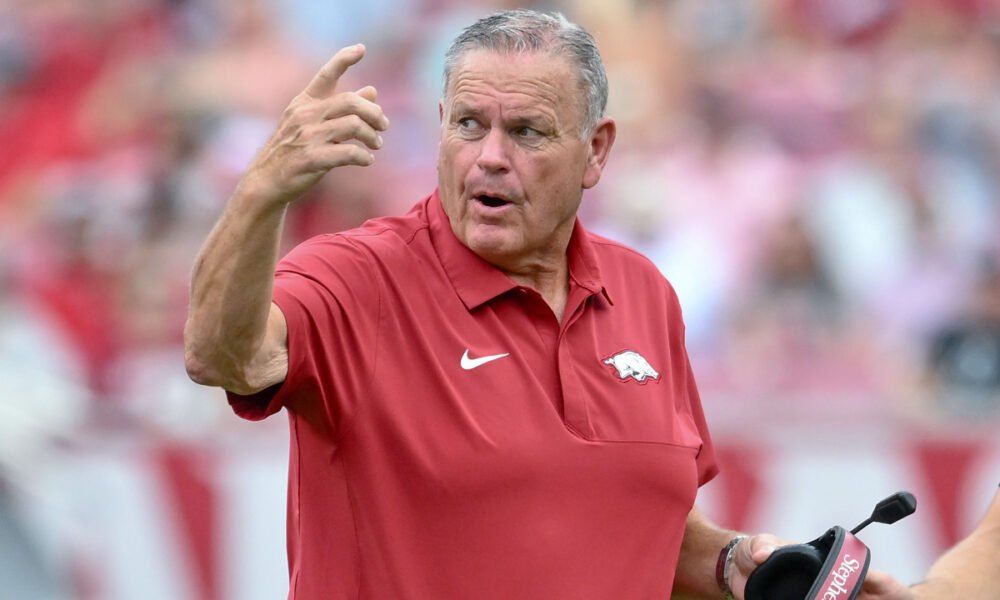 Arkansas Razorbacks coach Sam Pittman on the sidelines at Razorback Stadium during game with the Alabama A&M Bulldogs
