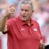 Arkansas Razorbacks coach Sam Pittman on the sidelines at Razorback Stadium during game with the Alabama A&M Bulldogs