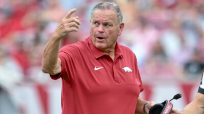 Arkansas Razorbacks coach Sam Pittman on the sidelines at Razorback Stadium during game with the Alabama A&M Bulldogs