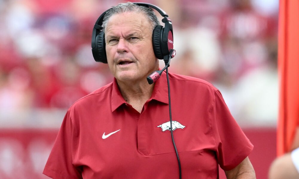 Arkansas Razorbacks coach Sam Pittman on the sidelines at Razorback Stadium during game with the Alabama A&M Bulldogs