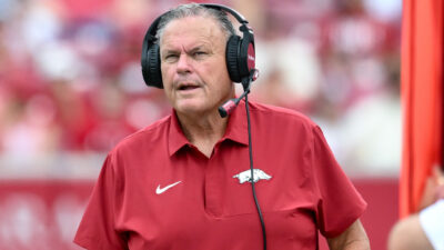 Arkansas Razorbacks coach Sam Pittman on the sidelines at Razorback Stadium during game with the Alabama A&M Bulldogs
