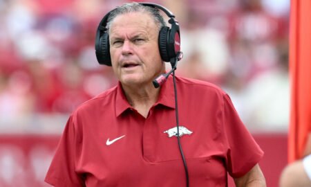 Arkansas Razorbacks coach Sam Pittman on the sidelines at Razorback Stadium during game with the Alabama A&M Bulldogs