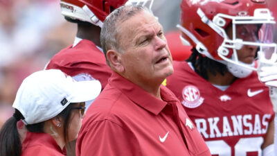 Arkansas Razorbacks coach Sam Pittman on the sidelines at Razorback Stadium during game with the Alabama A&M Bulldogs