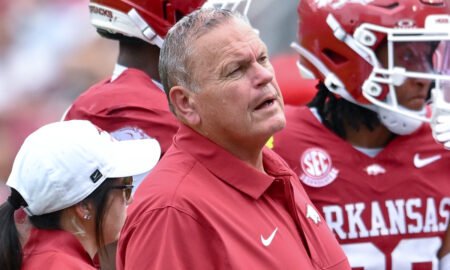 Arkansas Razorbacks coach Sam Pittman on the sidelines at Razorback Stadium during game with the Alabama A&M Bulldogs