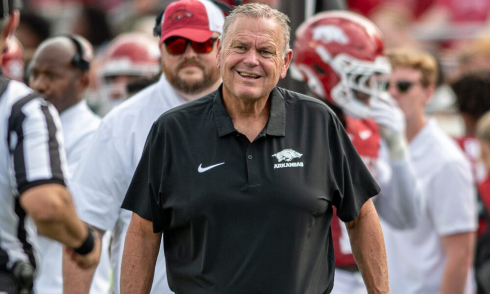 Arkansas Razorbacks coach Sam Pittman on the sidelines at Razorback Stadium during game with the Arkansas State Red Wolves