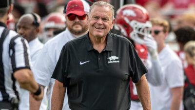 Arkansas Razorbacks coach Sam Pittman on the sidelines at Razorback Stadium during game with the Arkansas State Red Wolves