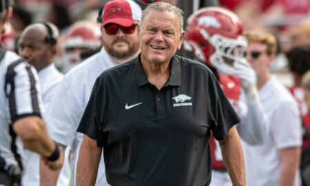 Arkansas Razorbacks coach Sam Pittman on the sidelines at Razorback Stadium during game with the Arkansas State Red Wolves