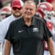 Arkansas Razorbacks coach Sam Pittman on the sidelines at Razorback Stadium during game with the Arkansas State Red Wolves