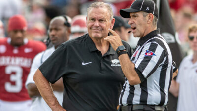 Arkansas Razorbacks coach Sam Pittman on the sidelines at Razorback Stadium